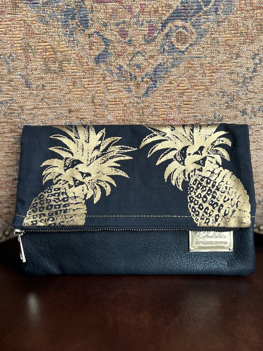 Kahulale'a Gold Pineapple Print Fold-Over Clutch